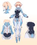  1girl absurdres animegao ballet_boots blonde_hair bodysuit breasts commentary_request cosplay covered_navel flat_color from_behind from_side full_body gradient_background highres jian_xuanyuan kigurumi large_breasts looking_at_viewer mecha_musume original shiny_clothes short_hair skin_tight solo two-tone_background white_background yellow_background yellow_eyes 