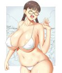  1girl :d bikini braid breasts brown_hair cameltoe closed_eyes covered_nipples curvy freckles glasses grey_background hand_up huge_breasts large_breasts navel original outdoors plump poyonken smile standing sweat swimsuit twintails wet white_bikini 