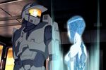  1boy 1girl blue_hair blue_skin cortana halo_(game) helmet hologram master_chief power_armor power_suit side_boob size_difference visor 