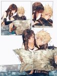  1boy 1girl absurdres armor bare_shoulders belt belt_buckle bench black_gloves black_hair blonde_hair blue_eyes blush brown_gloves buckle closed_mouth cloud_strife collarbone commentary couple crop_top elbow_gloves final_fantasy final_fantasy_vii final_fantasy_vii_rebirth final_fantasy_vii_remake gloves highres holding holding_map long_hair looking_at_another maiii_(smaii_i) map midriff multiple_belts navel red_eyes short_hair shoulder_armor simple_background single_bare_shoulder single_sidelock sitting sleeveless sleeveless_turtleneck spiked_hair suspenders sweatdrop sweater swept_bangs symbol-only_commentary tank_top tifa_lockhart turtleneck turtleneck_sweater twitter_username upper_body white_tank_top 