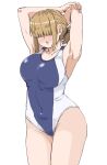  1girl armpits arms_up blue_one-piece_swimsuit blush breasts commentary_request competition_swimsuit hair_over_eyes large_breasts light_brown_hair long_bangs one-piece_swimsuit original puuyan short_hair sidelocks simple_background solo standing swimsuit white_background 