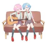  1boy 1girl :d blue_eyes blue_hair bow bowtie braid brother_and_sister collared_shirt commentary_request couch crossdressing dorothy_west full_body grey_shorts grey_socks guitar holding holding_guitar holding_instrument instrument kneehighs loafers machico_maki mole mole_under_eye on_couch open_mouth otoko_no_ko pink_eyes pink_hair plaid plaid_shorts playing_guitar pretty_series pripara red_bow red_bowtie red_footwear reona_west shirt shoes short_hair shorts siblings side_braid simple_background sitting smile socks suspender_shorts suspenders twins white_background white_shirt 