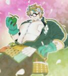  1boy bara belly bi_tch_golli covered_nipples cowboy_shot facial_hair farmer flower glasses goatee green_hair hair_flower hair_ornament highres hippolytus_(housamo) holding holding_plate light_brown_hair male_focus manboobs multicolored_hair pelvic_curtain plant plate plump potted_plant see-through shirt short_hair sideburns_stubble smile solo streaked_hair stubble thick_eyebrows tokyo_afterschool_summoners two-tone_beard wet wet_clothes wet_shirt 