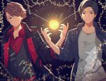  1010_mumumu 2boys apple artist_name black_jacket black_vest brown_eyes brown_hair dirty dirty_face food fruit golden_apple grey_shirt hand_up highres jacket kamen_rider kamen_rider_gaim_(series) kazuraba_kouta kumon_kaito male_focus multiple_boys red_shirt shirt vest 