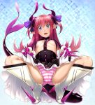  1girl absurdres blue_eyes boots breasts clothes_lift dragon_girl dragon_horns elizabeth_bathory_(fate) elizabeth_bathory_(fate/extra_ccc) fang fate/extra fate/extra_ccc fate/grand_order fate_(series) finger_cots full_body highres horns lifted_by_self long_hair looking_at_viewer minakuchi_takashi open_mouth panties pink_hair pointy_ears revealing_clothes skirt skirt_lift small_breasts solo spiked_boots spread_legs squatting striped_clothes striped_panties tail underwear 