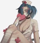  1girl bandage_over_one_eye bandaged_leg bandages blue_hair breasts chikenug1000000 commentary covered_mouth dress english_commentary gloves happy_valentine hat large_breasts looking_at_viewer mask mouth_mask nurse nurse_cap open_clothes open_dress ponytail red_eyes short_dress short_hair skullgirls solo surgical_mask thighs valentine valentine_(skullgirls) white_gloves zipper_pull_tab 
