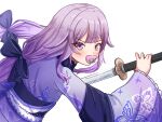  1girl black_bow black_sash blush bow floral_print_kimono gradient_hair grey_hair hair_bow hair_flaps highres holding holding_sword holding_weapon hololive hololive_english japanese_clothes kimono koseki_bijou koseki_bijou_(new_year) long_hair looking_at_viewer low_twintails multicolored_hair official_alternate_costume pacifier purple_eyes purple_hair purple_kimono sash sharkudon sword twintails very_long_hair virtual_youtuber weapon 