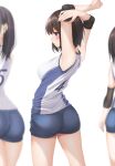  3girls armpits arms_up ass ball blue_eyes blue_shorts blurry breasts brown_hair depth_of_field elbow_pads elbow_sleeve gym_shorts highres knee_pads large_breasts minato_ojitan multiple_girls original pantylines shirt shorts simple_background sleeveless sleeveless_shirt solo_focus sportswear volleyball volleyball_uniform white_background 