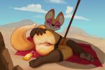 2024 anthro anus beach brown_body brown_fur canid canine eyes_closed eyewear female fox fox_girl_(sniffsnorf) fur genitals hi_res mammal multicolored_body multicolored_fur orange_body orange_fur pussy sniffsnorf solo sunblock sunglasses teeth