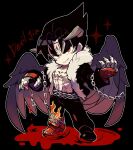 1boy abs bare_pectorals black_hair black_pants black_wings blood blood_on_hands chain character_name chest_tattoo claws deformed devil_jin dripping_blood facial_mark fingerless_gloves flame_print forehead_jewel full_body fur-trimmed_jacket fur_trim gloves grey_horns highres horns jacket kazama_jin kotorai long_sleeves looking_at_viewer male_focus no_nose open_clothes open_jacket orange_eyes pants pectorals pool_of_blood solo sparkle standing studded_gloves tattoo tekken tekken_8 thick_eyebrows v-shaped_eyebrows wings 