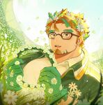  blonde_hair blush facial_hair field flower flower_field flower_wreath glass gloves goatee green_hair hair_flower hair_ornament highres hippolytus_(housamo) kiekoio mountain orange_eyes petals tokyo_afterschool_summoners 