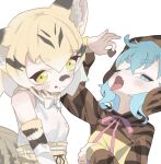  2girls animal_ears back_bow bare_shoulders black_hair blonde_hair blue_eyes blue_hair blush bow bowtie candy cat_ears cat_girl cat_tail chocolate chocolate_on_face elbow_gloves food food_on_face gloves hair_between_eyes heart heart-shaped_chocolate high-waist_skirt highres hood hood_up hoodie kemono_friends kemono_friends_3 long_sleeves multicolored_hair multiple_girls open_mouth pink_bow pink_bowtie print_bow print_bowtie print_gloves print_hood print_hoodie print_skirt sand_cat_(kemono_friends) sand_cat_print sarutori short_hair sidelocks skirt sleeveless snake_girl snake_print tail tongue tongue_out tsuchinoko_(kemono_friends) white_hair yellow_eyes yellow_hoodie 