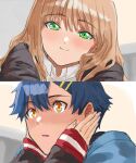  1boy 1girl asanaka_yomogi blue_hair blush brown_hair closed_mouth couple green_eyes gridman_universe hair_ornament hairclip hand_on_another&#039;s_face hetero hood hoodie jacket long_hair long_sleeves minami_yume risyo school_uniform shirt short_hair smile ssss.dynazenon yellow_eyes 