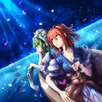  album_cover blue_eyes boat bonnet breasts cleavage cover green_hair hair_bobbles hair_ornament hat kiseru kitsune_maru looking_up medium_breasts multiple_girls night night_sky onozuka_komachi pipe red_eyes red_hair scroll shiki_eiki short_hair sky star_(sky) starry_sky touhou two_side_up water watercraft 