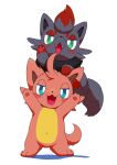 absurd_res anthro belly black_body black_fur blue_eyes blush carrying_another cattiva crossover duo feral fur generation_5_pokemon green_eyes hi_res navel nintendo pal_(species) palworld piggyback pink_body pink_fur pocketpair pokemon pokemon_(species) slightly_chubby thematy x_navel zorua