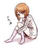  1girl :&lt; aran_sweater brown_eyes brown_hair cable_knit check_translation child closed_mouth commentary_request dot_nose dress full_body hair_between_eyes hugging_own_legs i.u.y kinuhata_saiai light_blush long_sleeves looking_at_viewer medium_hair pink_socks shadow short_dress simple_background sitting socks solo striped_clothes striped_socks sweater sweater_dress toaru_majutsu_no_index translation_request white_background white_dress white_sweater 