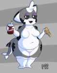 anthro beverage container cup domestic_cat eyeshadow felid feline felis female fish food hi_res hybrid looking_at_viewer makeup mammal marine obese overweight pieegee pizza shark shark_tail sharkitty(pieegee) soda solo thick_thighs