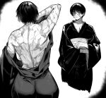  1girl absurdres ass bas breasts burn_scar glasses highres japanese_clothes jujutsu_kaisen kimono large_breasts long_hair monochrome muscular muscular_female obi sash scar scar_on_arm scar_on_back scar_on_face short_hair solo zen&#039;in_maki zovokia 