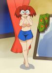  1girl absurdres anime_coloring blue_shorts blush breasts breasts_squeezed_together brown_hair cloudxmoe curtains full_body glasses high-waist_shorts highres medium_breasts mirror navel original red_hair retro_artstyle round_eyewear shorts skirt solo topless twintails unworn_skirt 