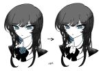  1girl ado_(utaite) before_and_after black_bow black_bowtie black_hair blue_hair bow bowtie chando_(ado) chinese_commentary chinese_text closed_mouth cloud_nine_inc colored_inner_hair commentary_request cropped_torso flower_brooch highres long_hair mole mole_under_eye multicolored_hair multiple_views phossscinnn simple_background translation_request two-tone_hair upper_body utaite white_background 