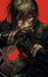  1boy armor black_hair black_jacket blood blood_on_clothes blood_on_face blood_on_hands blood_on_weapon blood_splatter hand_to_own_mouth hands_up highres holding holding_knife holding_weapon jacket japanese_clothes jhm_xyz knife lace looking_at_viewer male_focus military_jacket military_uniform purple_eyes red_background short_hair shoulder_armor touken_ranbu uniform weapon yagen_toushirou 