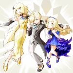  1boy 2girls ahoge blonde_hair blue_dress blue_hairband clenched_hands closed_mouth collared_shirt commentary_request dress elbow_gloves ffccll gladion_(pokemon) gladion_(sygna_suit)_(pokemon) gloves green_eyes hairband high_heels highres knees_together_feet_apart lillie_(anniversary_2021)_(pokemon) lillie_(pokemon) long_hair lusamine_(pokemon) lusamine_(sygna_suit)_(pokemon) multiple_girls necktie official_alternate_costume pants pokemon pokemon_masters_ex shirt shoes short_hair sleeveless sleeveless_dress smile vest white_gloves yellow_dress yellow_footwear 
