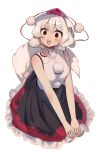  1girl absurdres animal_ears bare_shoulders hat highres housulu inubashiri_momiji open_mouth print_skirt red_headwear shirt short_hair skirt sleeveless sleeveless_shirt smile tokin_hat touhou white_background white_hair white_shirt wolf_ears wolf_girl 