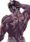 anthro back_muscles black_hair clothed clothing domestic_cat facial_hair felid feline felis fur hair hi_res lifewonders live_a_hero male mammal mature_male muscular muscular_anthro natsunouro purple_body purple_fur rear_view simple_background solo topless tsuneaki white_background