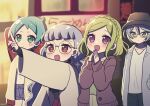  4girls :d arms_behind_head blonde_hair blue_shorts blunt_bangs braid brown_eyes brown_jacket closed_mouth coat commentary_request cowboy_shot crown_braid glasses green_eyes green_hair grey_coat grey_hair hair_between_eyes hands_up highres idol_time_pripara jacket koda_michiru kokichi_yoko long_hair long_sleeves low_twintails midorikaze_fuwari multiple_girls nijiiro_nino open_mouth outdoors outstretched_arm own_hands_clasped own_hands_together pointing pointing_up pretty_series pripara purple_eyes road round_eyewear shikyoin_hibiki shirt short_hair shorts smile standing street twintails very_long_hair wavy_hair white_shirt 