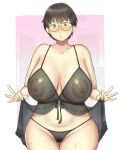  1girl absurdres black_negligee blush breasts brown_eyes brown_hair female_pubic_hair glasses highres huge_breasts indoors large_breasts lifted_by_self looking_at_viewer negligee nipples original plump poyonken pubic_hair see-through short_hair solo standing sweat 