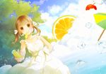  ahira_yuzu brown_eyes brown_hair cherry day dress food fruit highres ice lemon mouth_hold original short_hair sky smile solo tree twintails umbrella water 