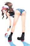  1girl anus ass bare_legs baseball_cap bent_over blue_eyes blush boots brown_hair cameltoe denim denim_shorts fat_mons hat impossible_clothes impossible_pants long_hair missnips nintendo no_panties poke_ball pokeball pokemon pokemon_(game) pokemon_bw ponytail pussy shadow shoes shorts simple_background socks solo standing thighs touko_(pokemon) uncensored vest 