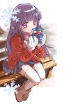  1girl absurdres bench blue_skirt blunt_bangs blush boots bow coat eyelashes furude_rika gift gloves highres higurashi_no_naku_koro_ni hime_cut holding holding_gift long_hair looking_at_viewer parted_lips pink_bow pleated_skirt purple_eyes purple_hair red_coat scarf shirt sirase_souya sitting skirt snowflakes snowing solo thighhighs valentine white_gloves white_thighhighs winter zettai_ryouiki 