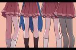  4girls black_socks blue_hair commentary_request hiiragi_kagami hiiragi_tsukasa izumi_konata legs long_hair lucky_star multiple_girls orange_background red_skirt ri_(qrcode) siblings simple_background sisters skirt socks takara_miyuki white_socks 