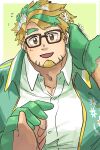  1boy bara facial_hair flower flustered flying_sweatdrops glasses goatee green_hair hair_flower hair_ornament hand_on_own_neck highres hippolytus_(housamo) holding_hands large_hands light_blush light_brown_hair male_focus multicolored_hair plump pov pov_hands short_hair sideburns sideburns_stubble solo solo_focus streaked_hair stubble thick_eyebrows tokyo_afterschool_summoners two-tone_beard upper_body yaoi yume_00kami 