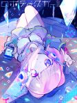  1girl blue_background blue_eyes cellphone closed_mouth commentary_request double_bun full_body glass_shards hair_bun headphones heart highres holding holding_phone kiato knees_up long_sleeves looking_at_viewer lying on_back phone pink_hair pixel_heart pleated_skirt purple_skirt robotic_girl_(yunomi) shirt short_hair skirt smartphone solo upside-down 