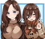  2girls aged_up before_and_after blue_eyes breasts brown_hair commentary_request earrings go-toubun_no_hanayome highres jewelry large_breasts long_hair mame1645 multiple_girls nakano_miku one_eye_closed open_mouth scarf smile turtleneck v 