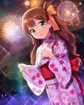  brown_hair ensemble_girls! ensemble_girls_(artist) fireworks green_eyes hair_ribbon japanese_clothes kimono lens_flare long_hair looking_at_viewer minami_natsumi night official_art ponytail ribbon smile solo watermark 