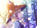  1girl absurdres backlighting blonde_hair blurry blurry_background brown_headwear close-up commentary_request expressionless forest from_side hair_between_eyes hair_ribbon hat highres kiritanpo117 light_blush looking_up moriya_suwako nature outdoors profile purple_vest red_ribbon ribbon scenery short_hair_with_long_locks snowing solo touhou tress_ribbon twitter_username vest winter yellow_eyes 