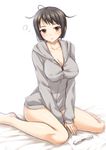  ahoge bad_id bad_pixiv_id black_hair blush bottomless breasts brown_eyes cleavage eyewear_removed glasses hood hoodie large_breasts looking_at_viewer messy_hair naked_hoodie servant_x_service short_hair simple_background sitting sketch solo tomifumi wariza white_background yamagami_lucy 