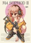  1girl absurdres artist_name assault_rifle black_footwear black_nails can character_name cigarette english_text girls&#039;_frontline glasses grenade_launcher gun gun_sling highres holding holding_can holding_cigarette jacket lemonade light_brown_hair m203 m4_carbine m4_sopmod_ii_(girls&#039;_frontline) multicolored_hair optical_sight red_eyes red_hair rifle sharp_teeth shoes sight_magnifier sign smile snafu_(snafy_snu) sneakers solo squatting streaked_hair teeth two-tone_footwear underbarrel_grenade_launcher warning_sign weapon weapon_name white_background yellow_footwear yellow_jacket 