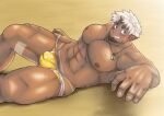  1boy abs akiha_gongen_(housamo) bandaid bandaid_on_face bandaid_on_nose bara bi_tch_golli bulge covered_penis dark-skinned_male dark_skin facial_hair feet_out_of_frame from_side goatee horns huge_eyebrows large_pectorals looking_at_viewer male_focus male_pubic_hair male_swimwear medium_sideburns multicolored_hair muscular muscular_male navel nipples official_alternate_costume pectorals pubic_hair pubic_hair_peek revealing_tanlines sand scar scar_on_cheek scar_on_face seductive_smile short_hair sideburns sideburns_stubble single_horn smile solo stomach strongman_waist stubble swim_briefs tan tanlines thick_thighs thighs tokyo_afterschool_summoners topless_male two-tone_hair wet_male_swimwear white_hair yellow_male_swimwear 