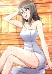  1girl bare_shoulders breasts brown_eyes brown_hair commentary crossed_legs girls_und_panzer hand_in_own_hair highres long_hair looking_to_the_side medium_breasts mika_(girls_und_panzer) naked_towel no_headwear omachi_(slabco) open_mouth sauna sitting smile solo steam sweat towel white_towel 