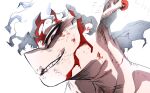  1girl blood blood_on_face bloodshot_eyes commentary grin highres looking_at_viewer looking_to_the_side maspolt pointy_ears red_eyes sharp_teeth short_hair simple_background smile solo teeth touhou toutetsu_yuuma white_background white_hair 