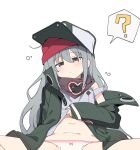 1girl ? absurdres clothes_lift g11_(girls&#039;_frontline) girls&#039;_frontline green_jacket grey_hair highres jacket lifted_by_self looking_at_viewer luke_(dydansgur) navel panties pink_panties shirt_lift simple_background sleep_bubble sleepy solo spoken_question_mark spread_legs stomach underwear white_background 