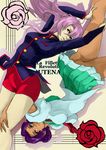  2girls dark_skin flower glasses highres himemiya_anthy multiple_girls necktie pink_hair purple_hair rose school_uniform serafuku shorts shoujo_kakumei_utena skirt tenjou_utena 