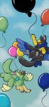animate_inanimate avian balloon beak black_body blue_eyes duo feathered_wings feathers green_body gryphon hi_res inflatable living_inflatable mythological_avian mythological_creature mythology orange_eyes simple_background symrea wings