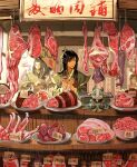  1boy apron black_hair chinese_clothes dismemberment food green_hanfu hands_up hanfu heart_(organ) highres holding holding_knife kitchen_knife knife linked_sausages long_hair meat modao_zushi nie_huaisang nie_mingjue open_mouth poster_(object) raw_meat sash sign string stuffed_animal stuffed_toy takara_yuto tomahawk_meat weighing_scale xiao_guan_(headdress) xue_yang yellow_eyes 