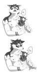 absurd_res anthro black_and_white_fur canid canine canis chuurow clothed clothing domestic_dog duo english_text hi_res human lifewonders male mammal masanori_(tas) nipples pecs scar text tokyo_afterschool_summoners topless