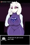 2024 2_horns absurd_res anthro artist_name big_breasts blue_clothing blue_dress blush boss_monster_(undertale) bovid breasts caprine clothing curvy_figure dialogue dress english_text eyebrows eyelashes eyeshadow female floppy_ears fur goat hi_res horn legs_together makeup mammal mature_female patreon pink_eyeshadow renaspyro solo standing text text_box thick_thighs toriel undertale_(series) voluptuous white_body white_fur wide_hips